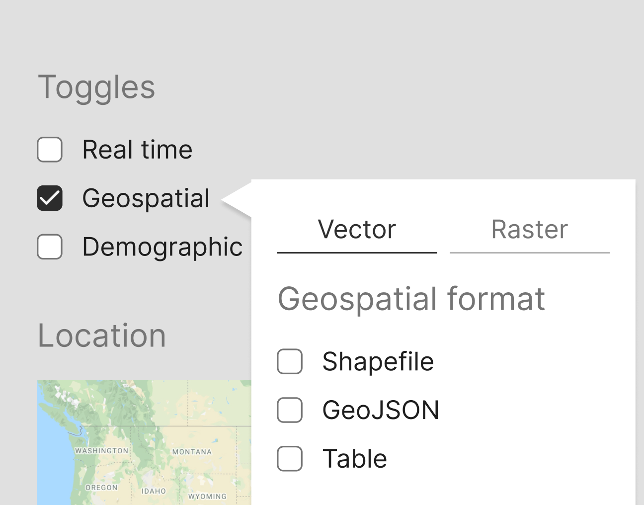 A wireframe showing geospatial file format filters.
